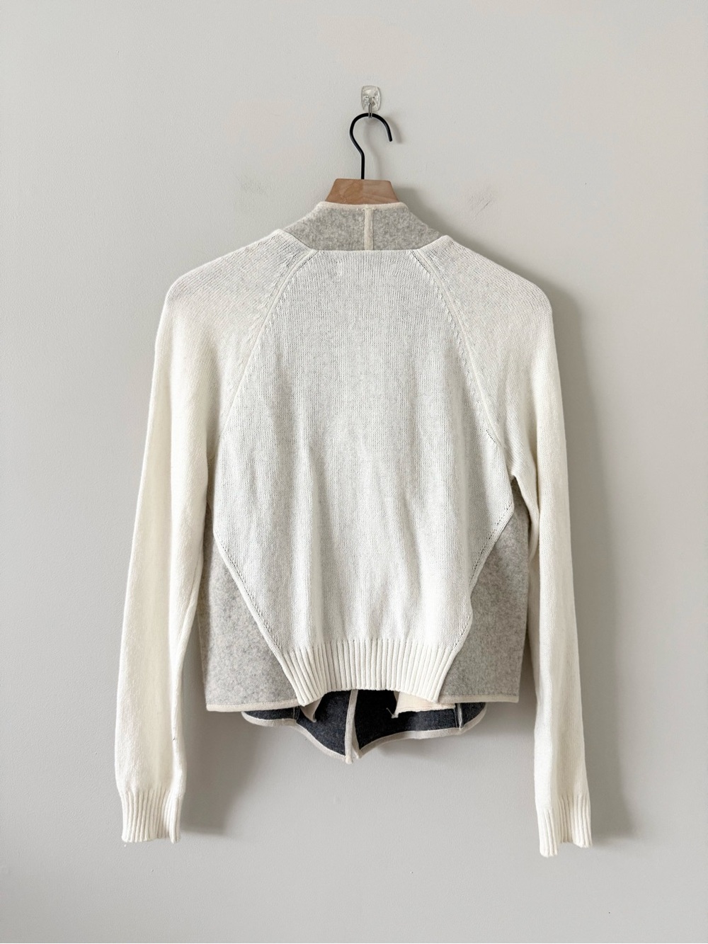 LOFT Two-Tone Open Front Cardigan Jacket Wool Cotton Blend Cream & Light Gray -M - Picture 4 of 6